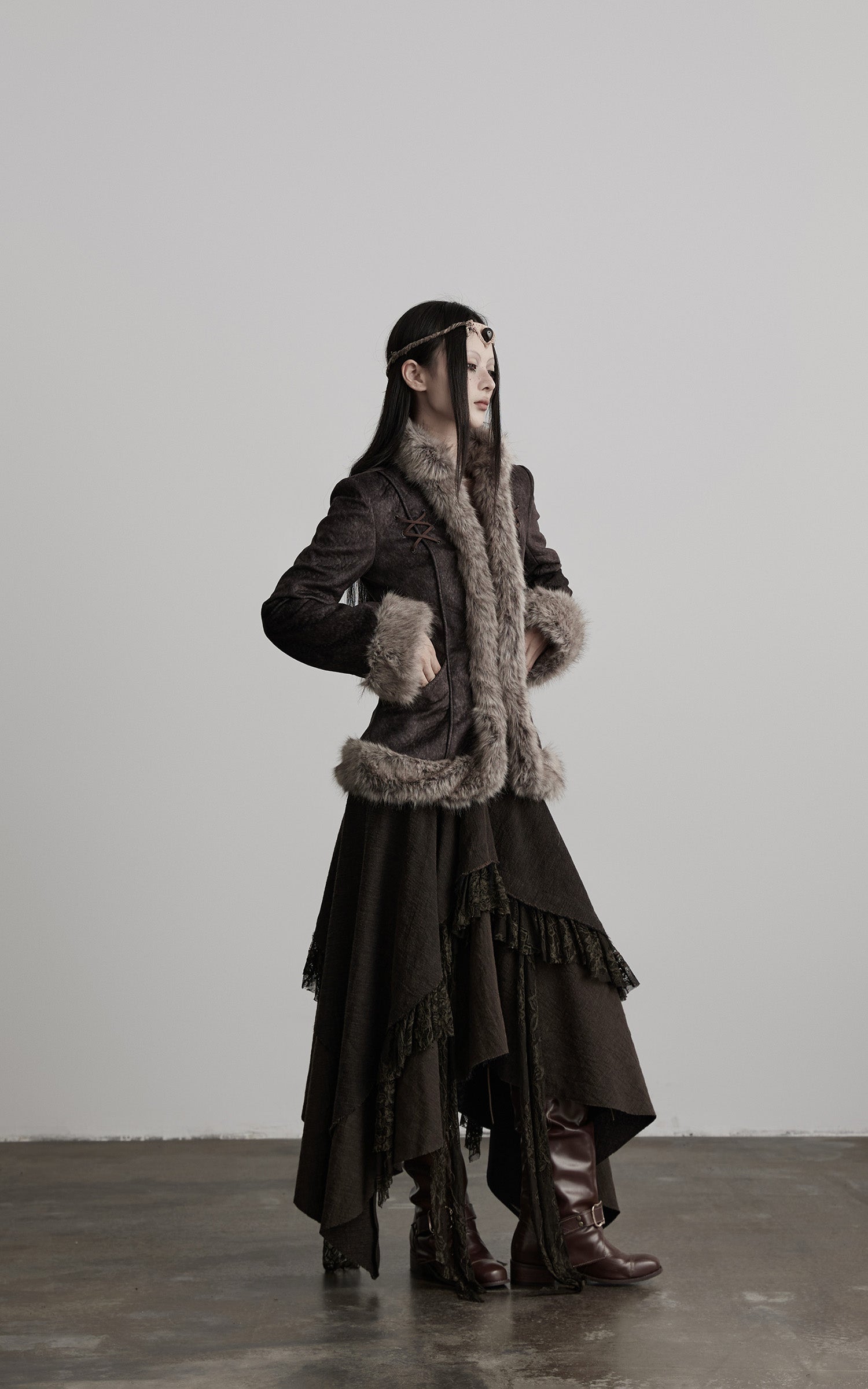 DOINDULGE Faux Fur-Trim Textured Jacket with Cross-Lace Details