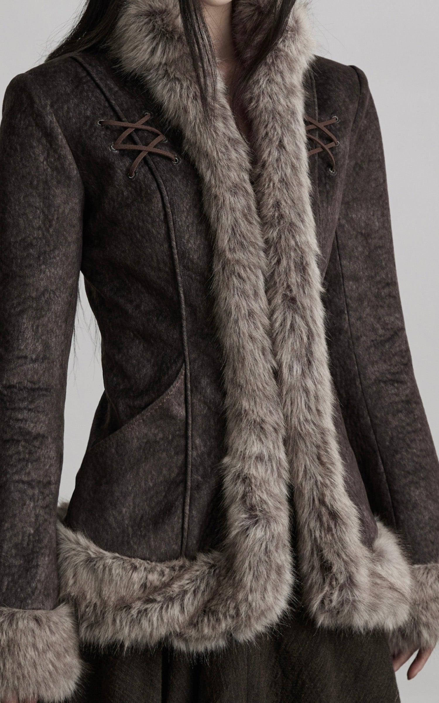 DOINDULGE Faux Fur-Trim Textured Jacket with Cross-Lace Details