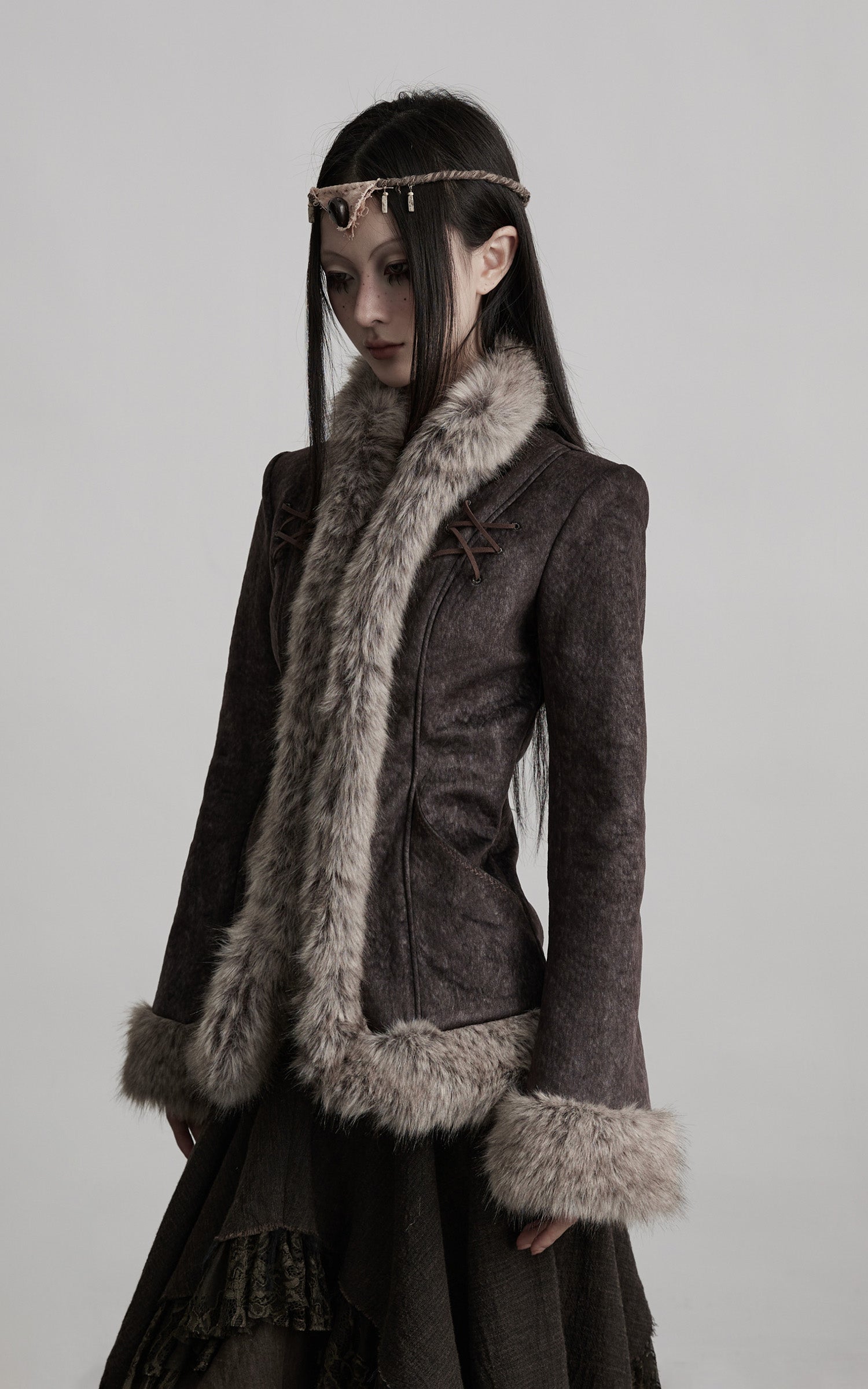 DOINDULGE Faux Fur-Trim Textured Jacket with Cross-Lace Details