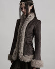 DOINDULGE Faux Fur-Trim Textured Jacket with Cross-Lace Details