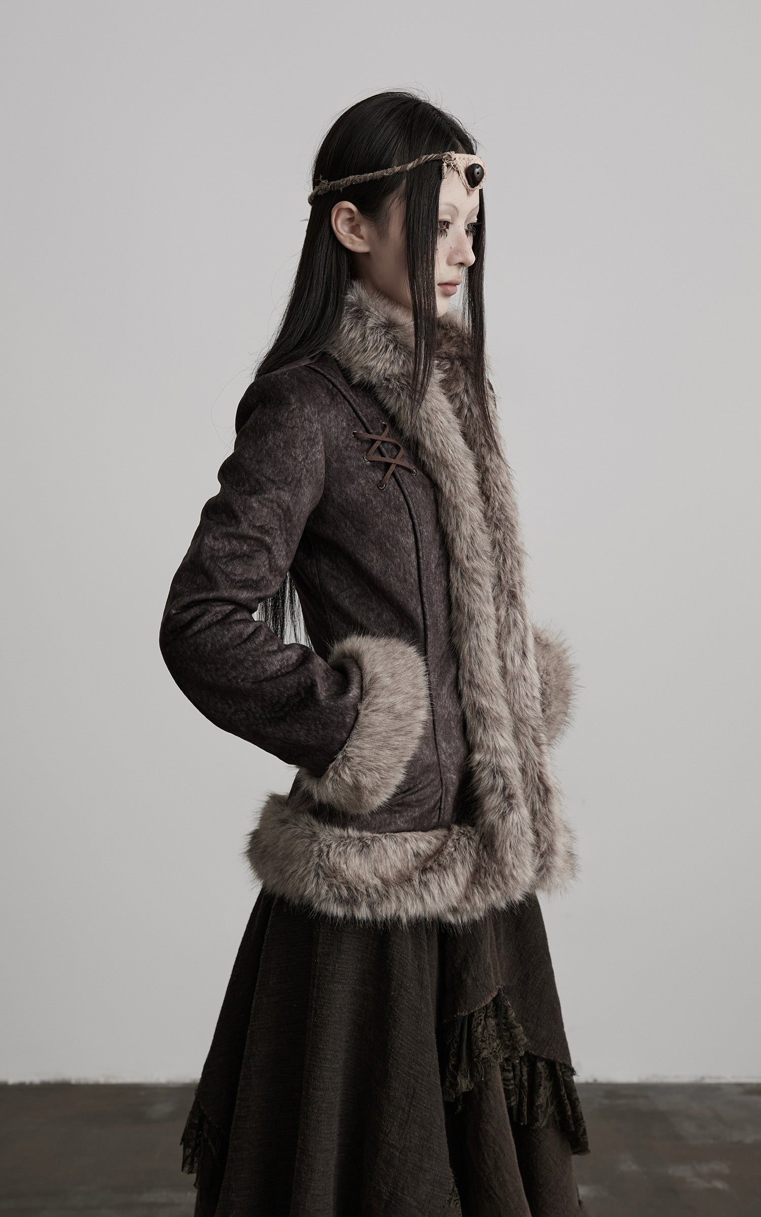 DOINDULGE Faux Fur-Trim Textured Jacket with Cross-Lace Details
