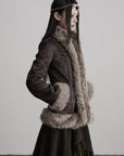 DOINDULGE Faux Fur-Trim Textured Jacket with Cross-Lace Details
