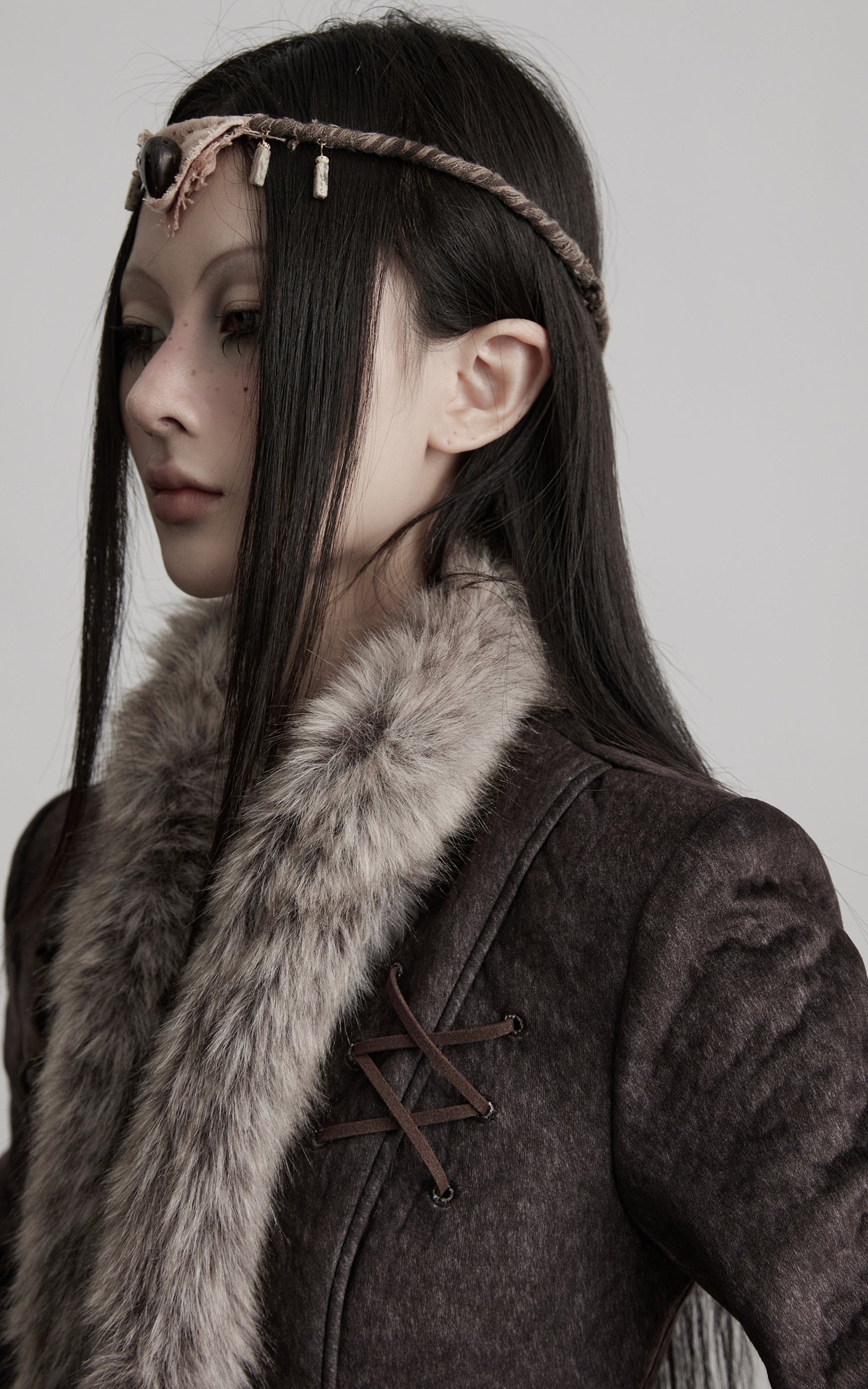 DOINDULGE Faux Fur-Trim Textured Jacket with Cross-Lace Details