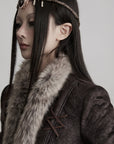 DOINDULGE Faux Fur-Trim Textured Jacket with Cross-Lace Details