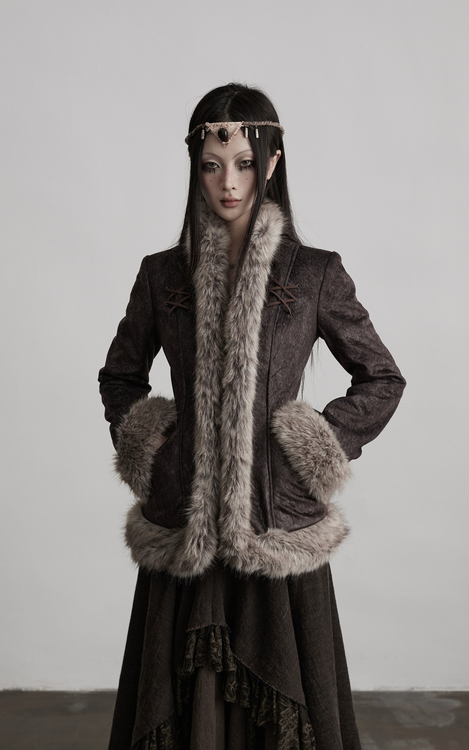 DOINDULGE Faux Fur-Trim Textured Jacket with Cross-Lace Details