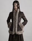 DOINDULGE Faux Fur-Trim Textured Jacket with Cross-Lace Details