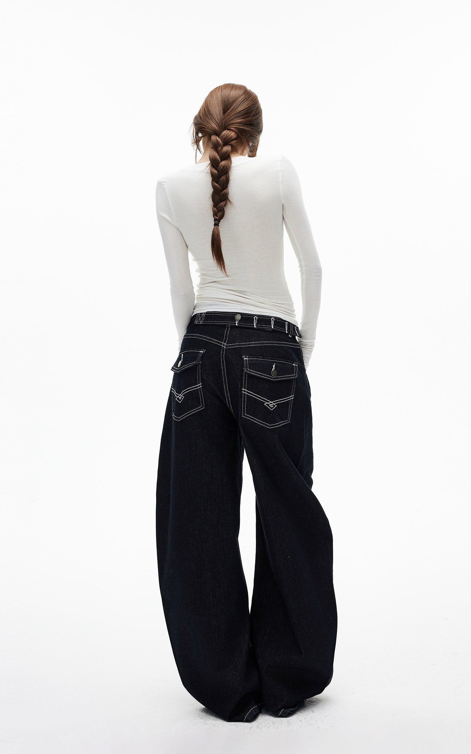 IAMXIAA ダブルバックポケット付きコントラストステッチワイドレッグデニムジーンズ