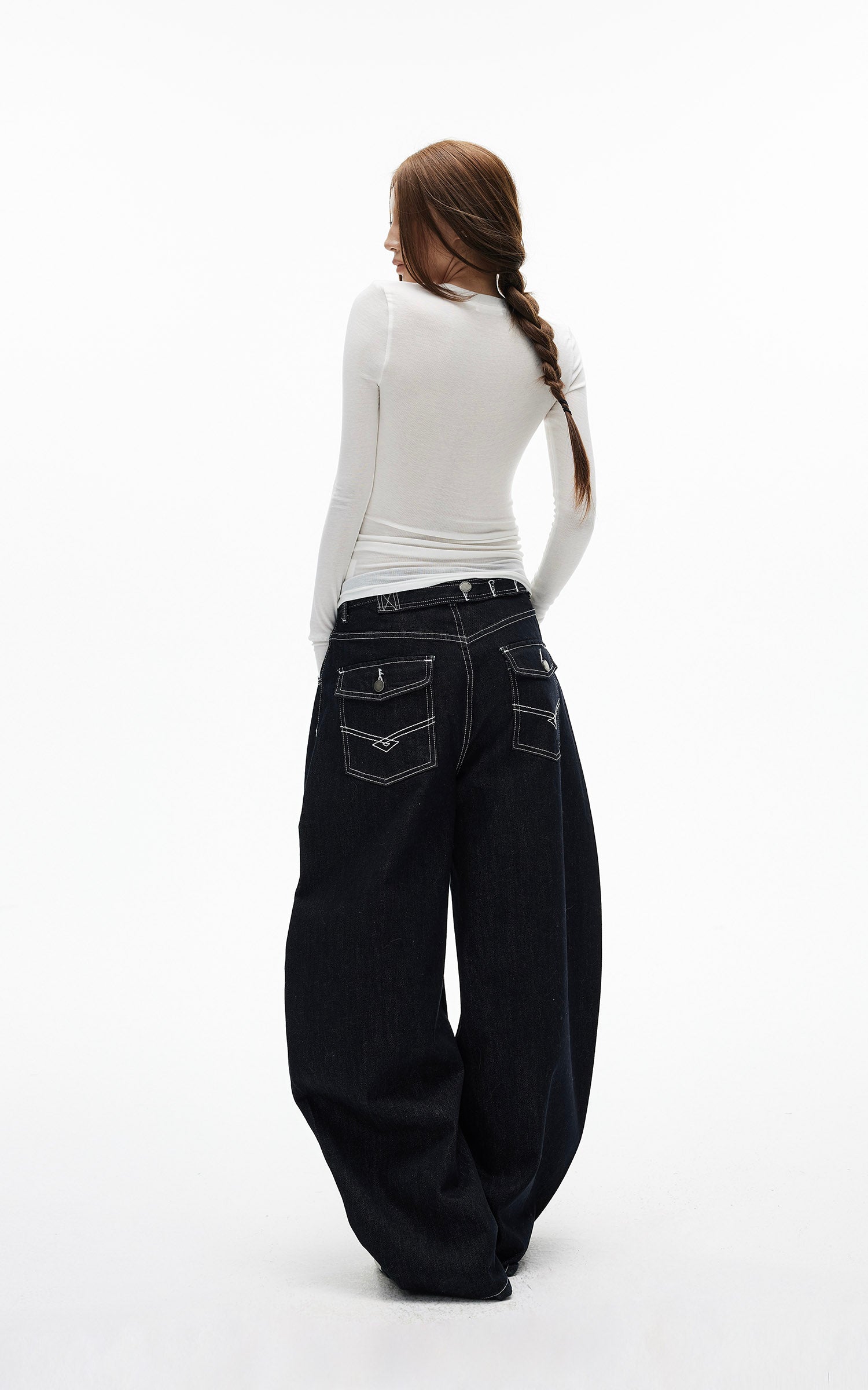 IAMXIAA ダブルバックポケット付きコントラストステッチワイドレッグデニムジーンズ