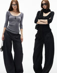 IAMXIAA Pantalon large structuré à jambes larges avec détail de rabat de poche