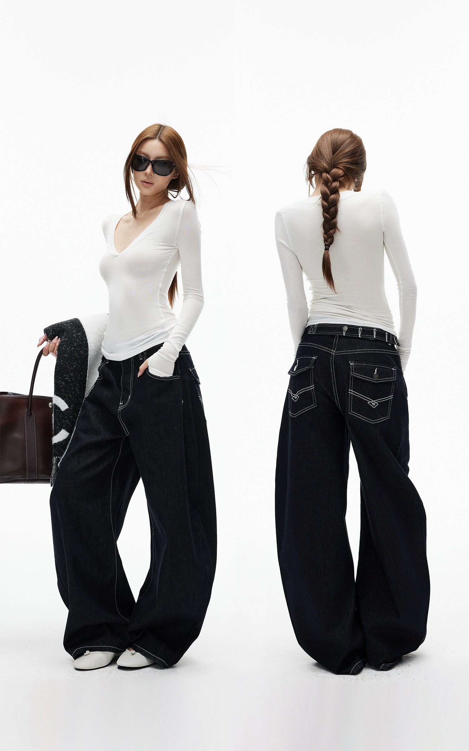 IAMXIAA Jean large en denim à surpiqûres contrastées avec doubles poches arrière