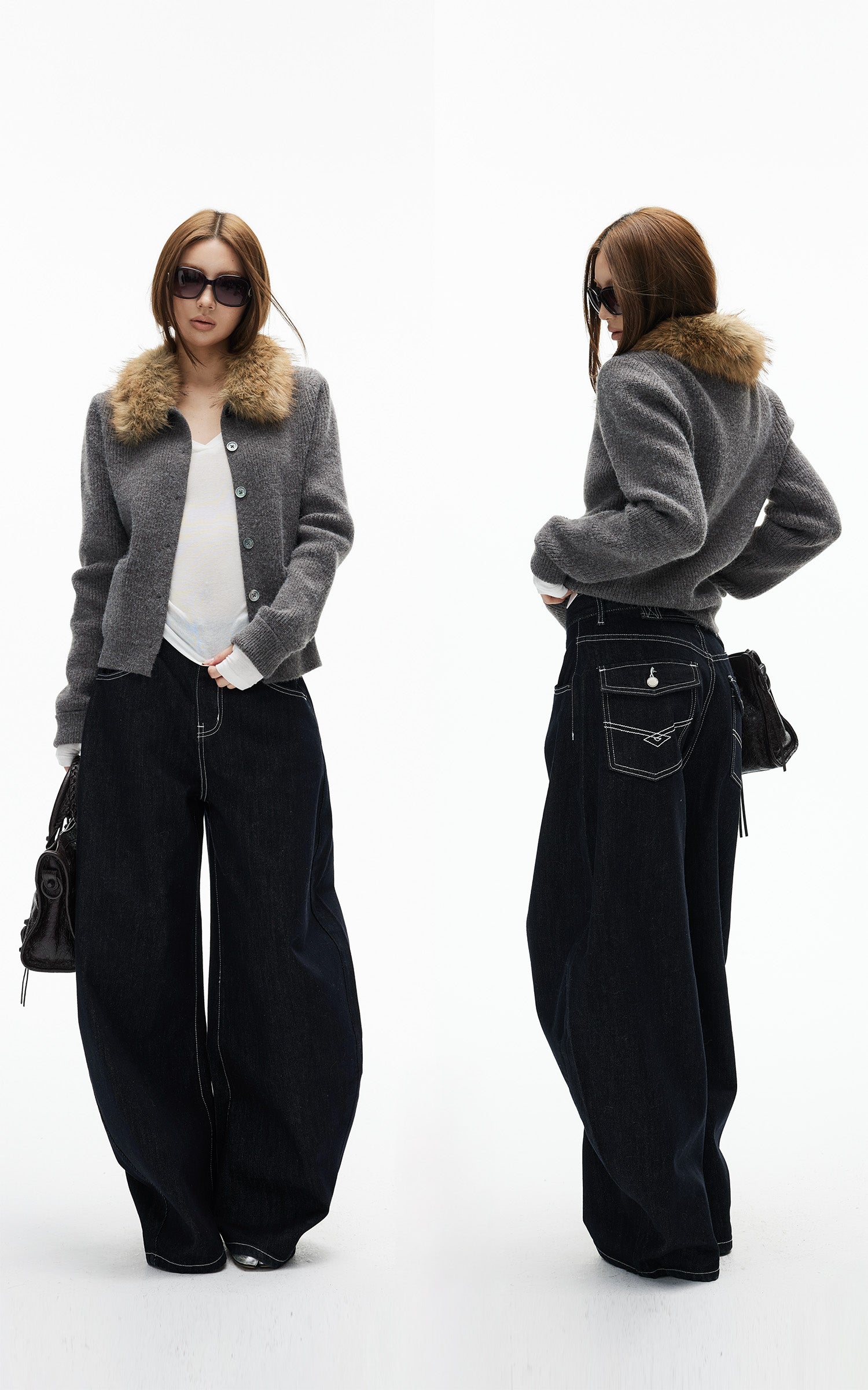 IAMXIAA Jean large en denim à surpiqûres contrastées avec doubles poches arrière