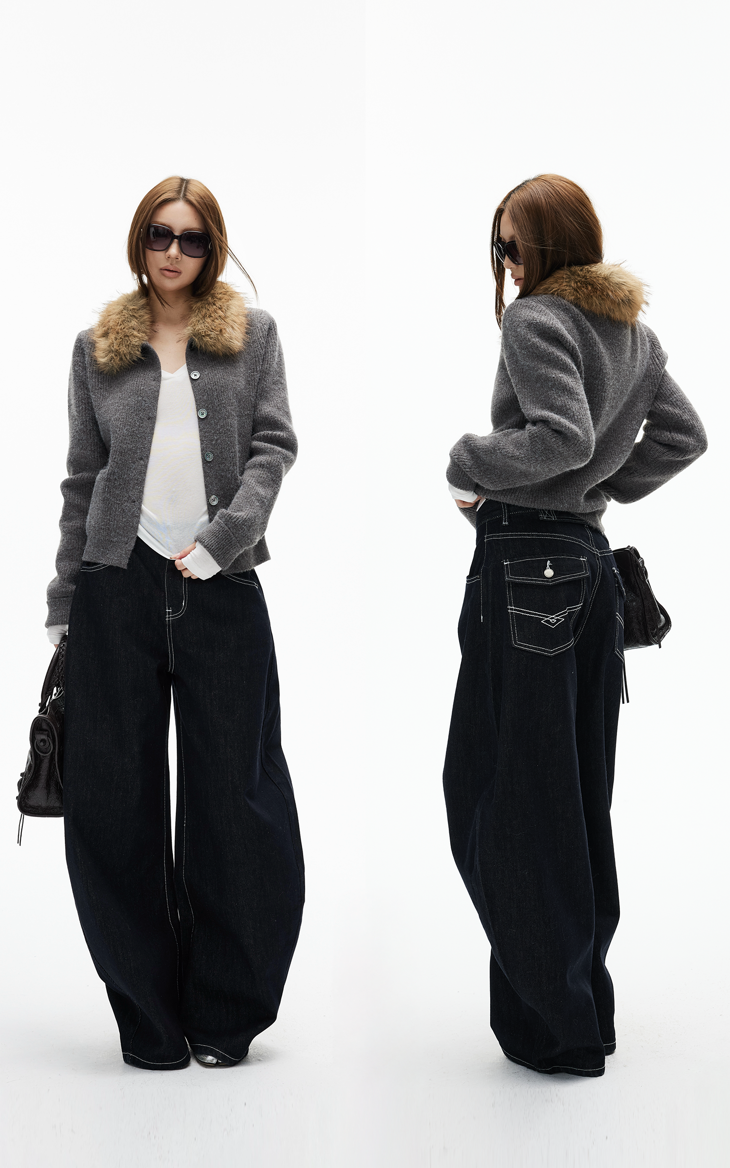 IAMXIAA ダブルバックポケット付きコントラストステッチワイドレッグデニムジーンズ