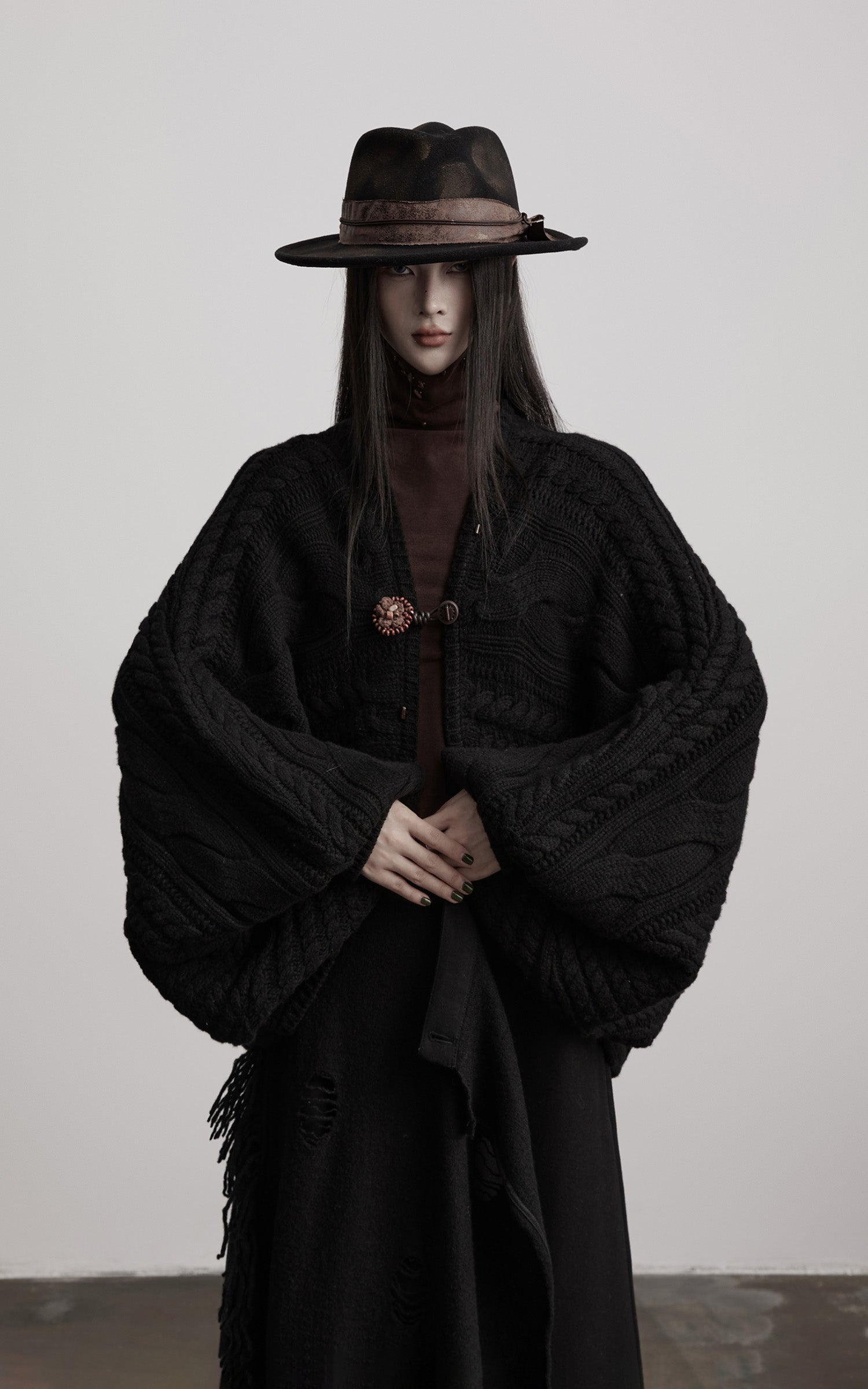 DOINDULGE Sculptural Cable-Knit Cardigan with Oversized Sleeves