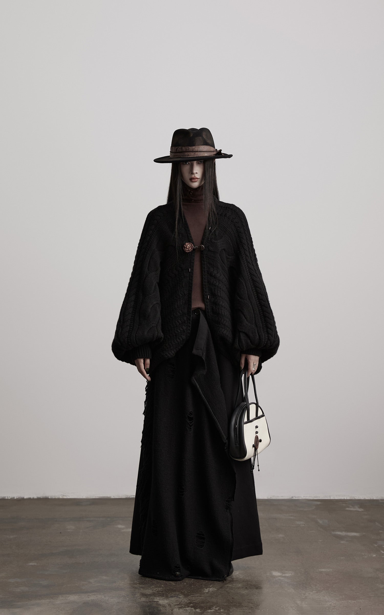DOINDULGE Sculptural Cable-Knit Cardigan with Oversized Sleeves