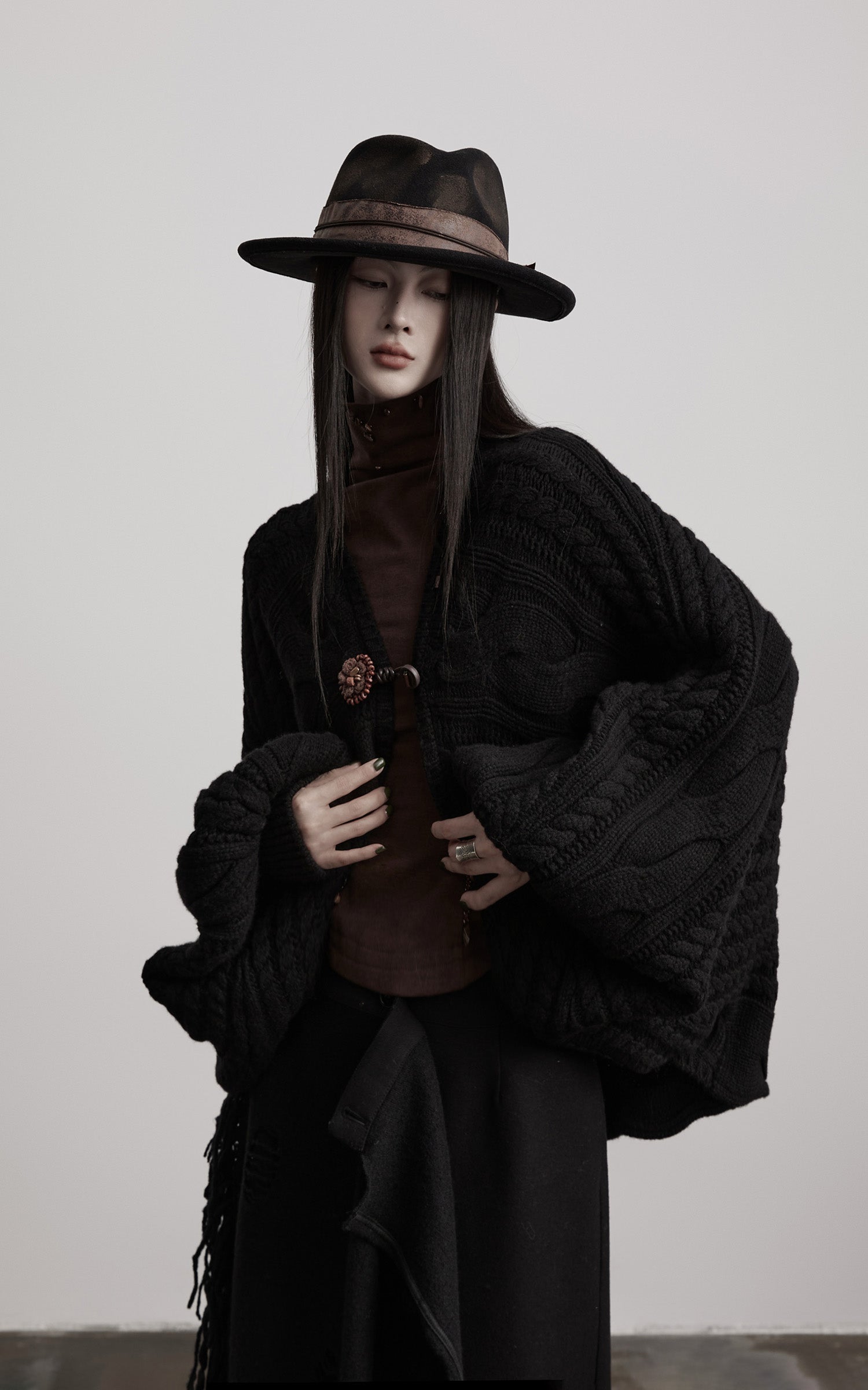DOINDULGE Sculptural Cable-Knit Cardigan with Oversized Sleeves