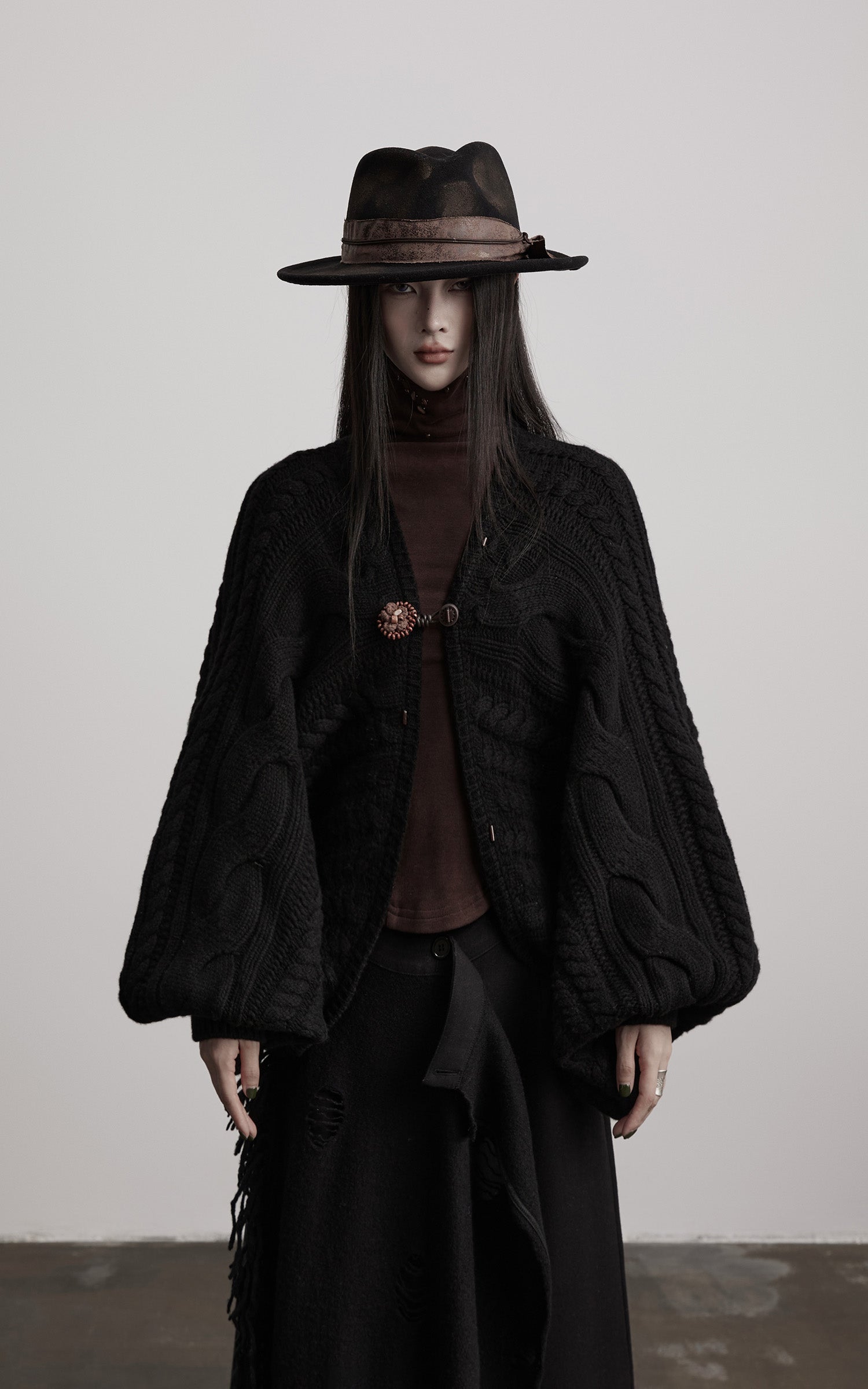 DOINDULGE Sculptural Cable-Knit Cardigan with Oversized Sleeves