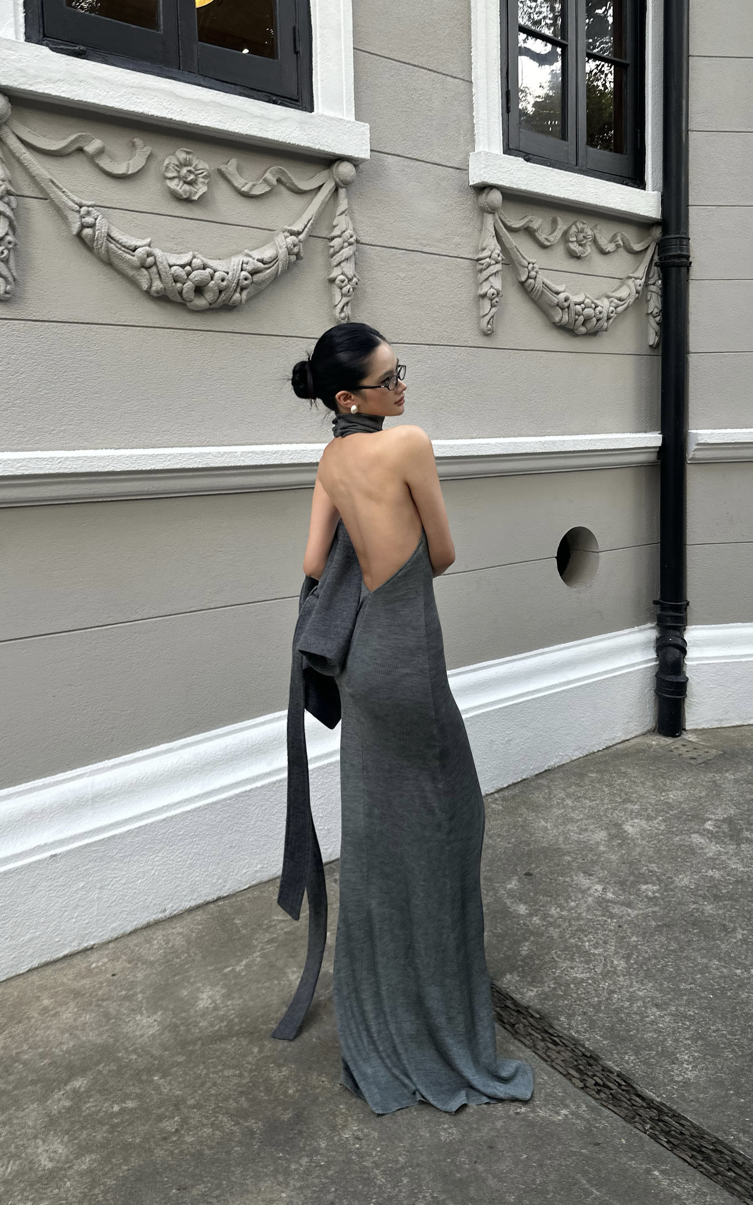 backless knit maxi dress KNIT LOW-BACK MAXI DRESS IN BLUE