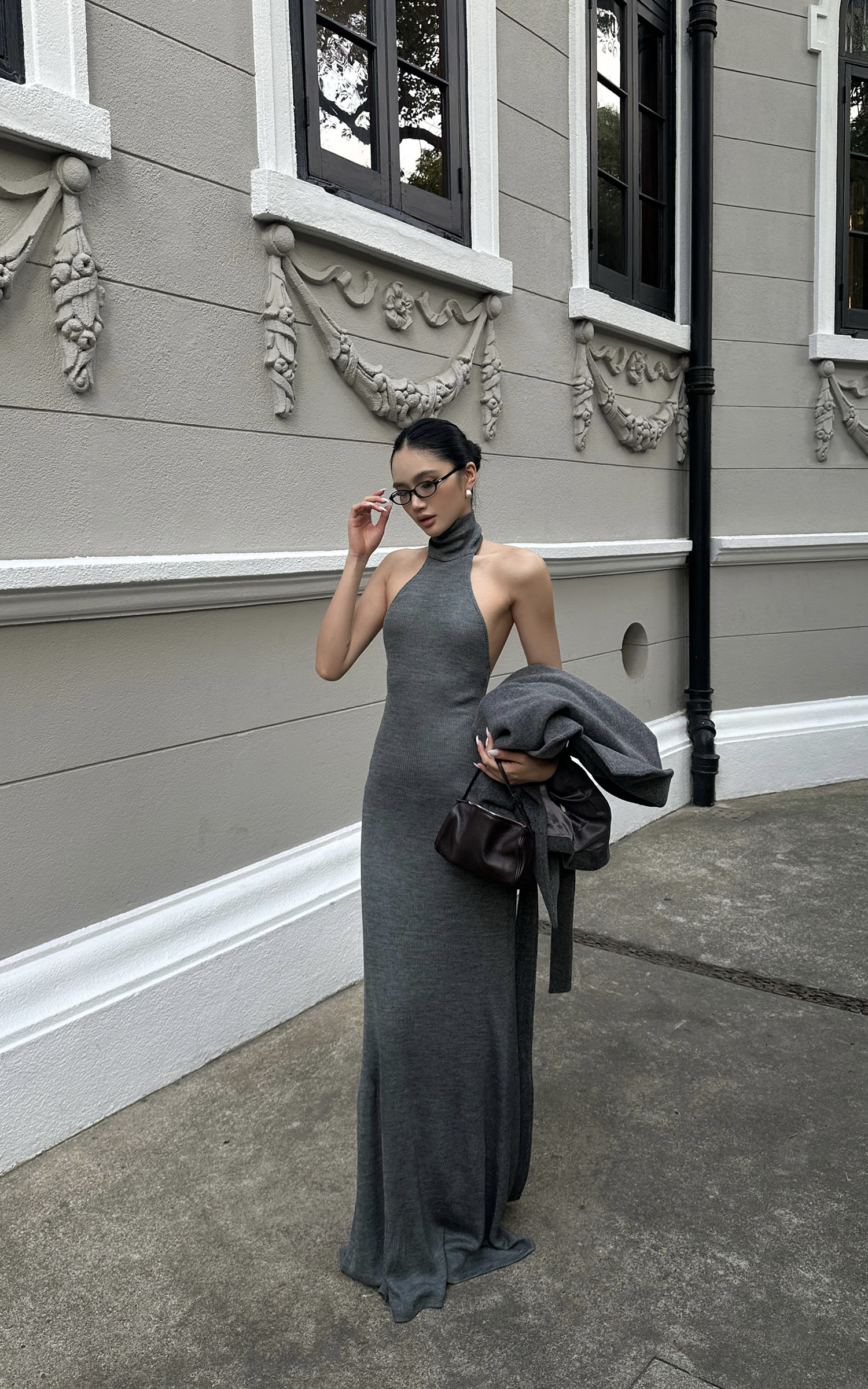 ROVENTE Halter Backless Rib-Knit Maxi Dress