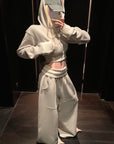 Rase le sol 커브드 헴 크롭 후디 & 와이드 팬넬 스웨트팬츠 세트