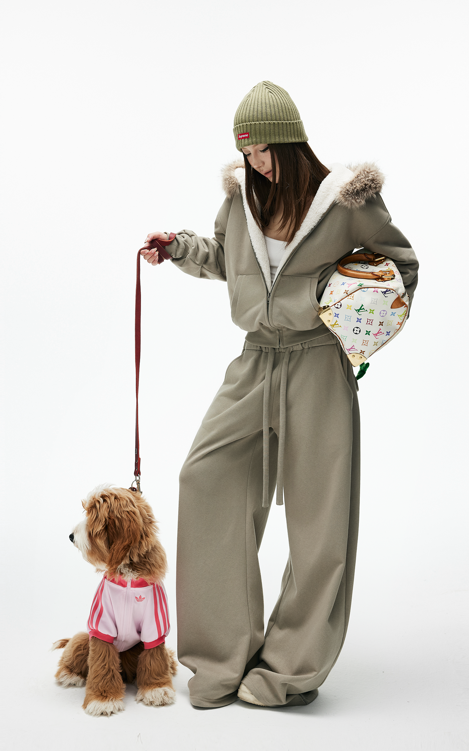 IAMXIAA 페이크 퍼 트림 후드 집업 재킷 &amp; 와이드 레그 스웨트팬츠 세트