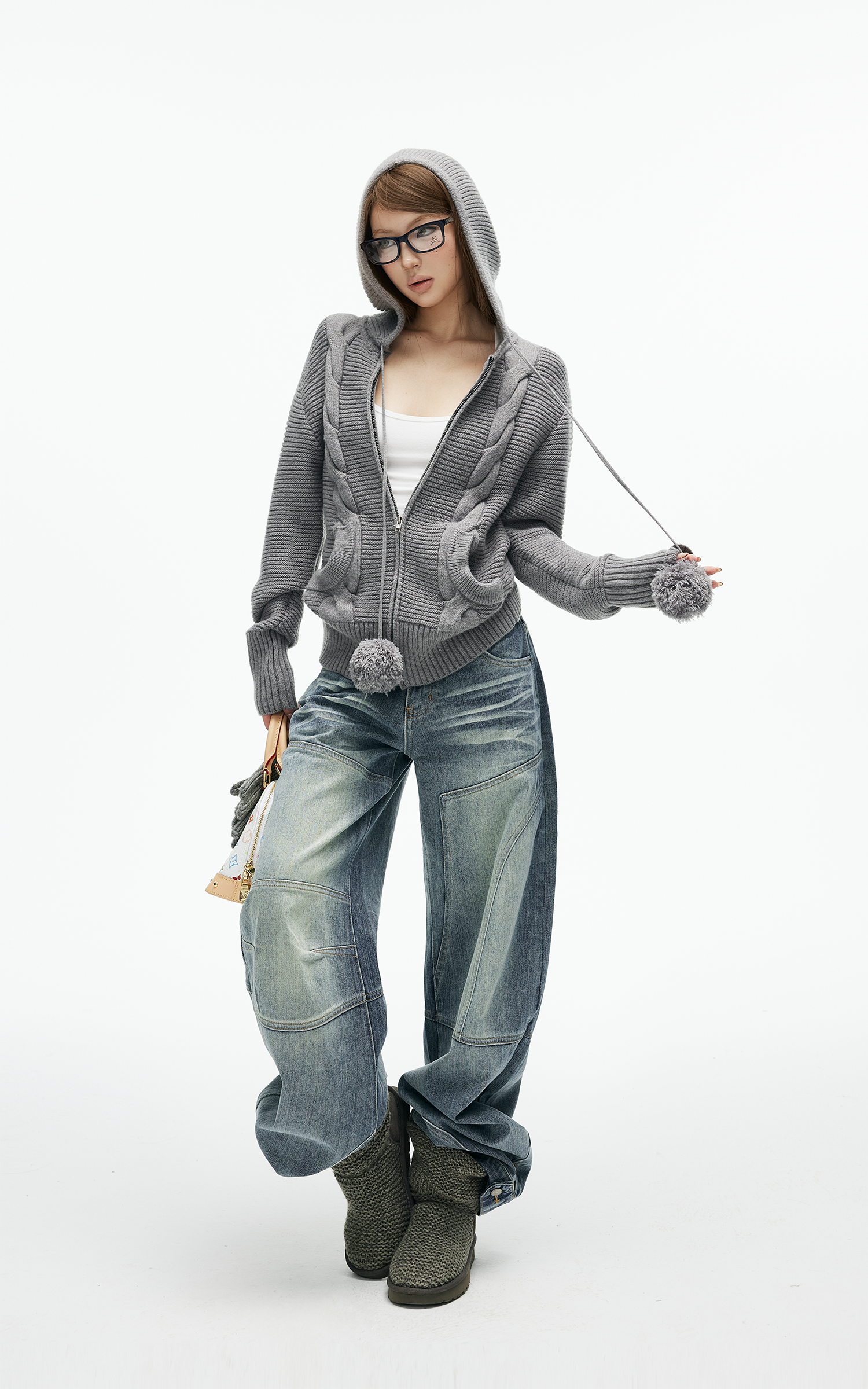 IAMXIAA Sweat à capuche zippé en maille torsadée avec cordons à pompons