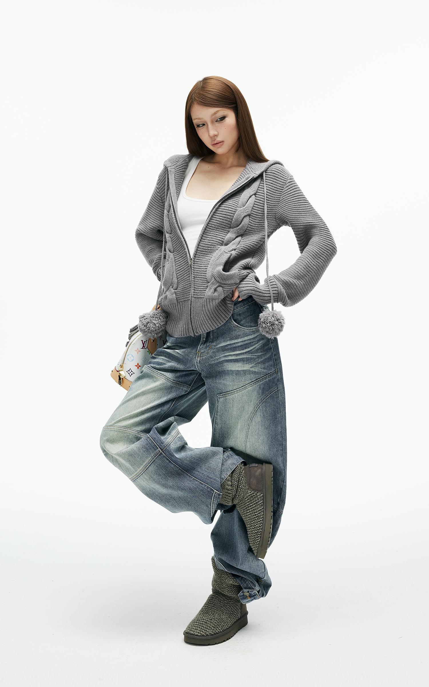 IAMXIAA Sweat à capuche zippé en maille torsadée avec cordons à pompons