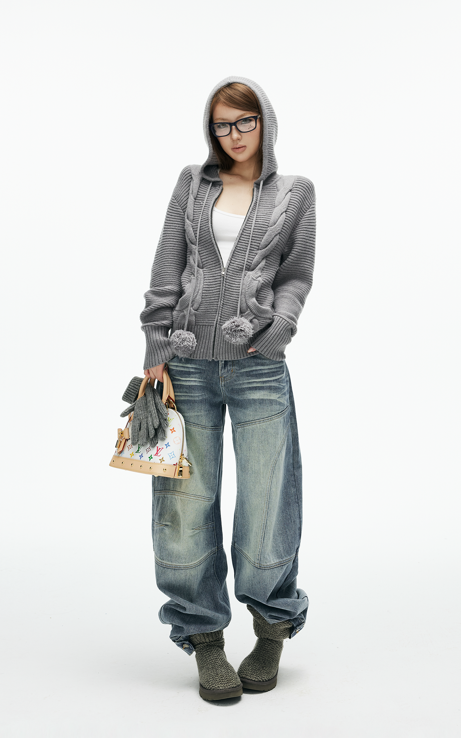 IAMXIAA Sweat à capuche zippé en maille torsadée avec cordons à pompons