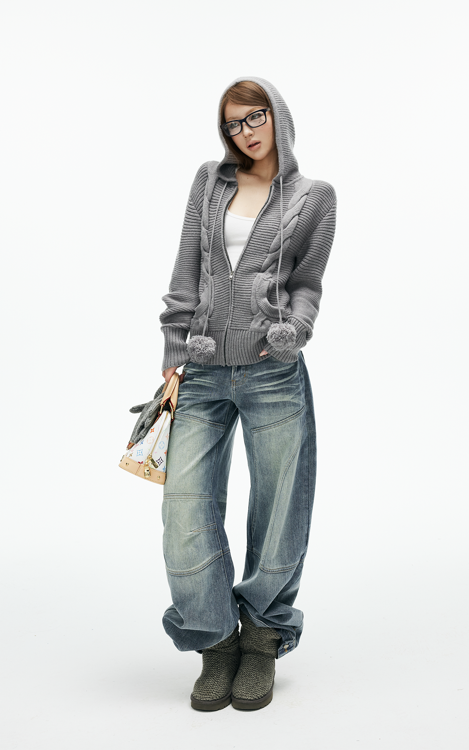 IAMXIAA Sweat à capuche zippé en maille torsadée avec cordons à pompons