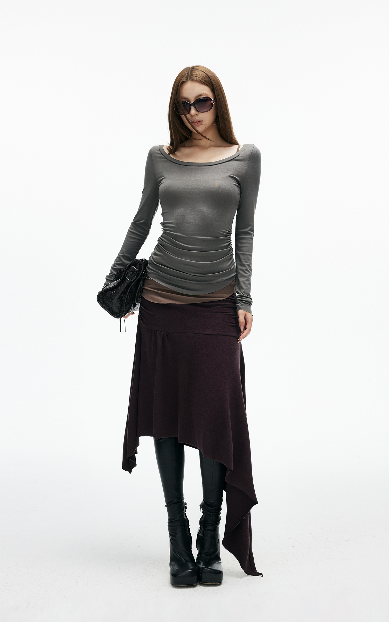 비대칭 셔링 미디 스커트