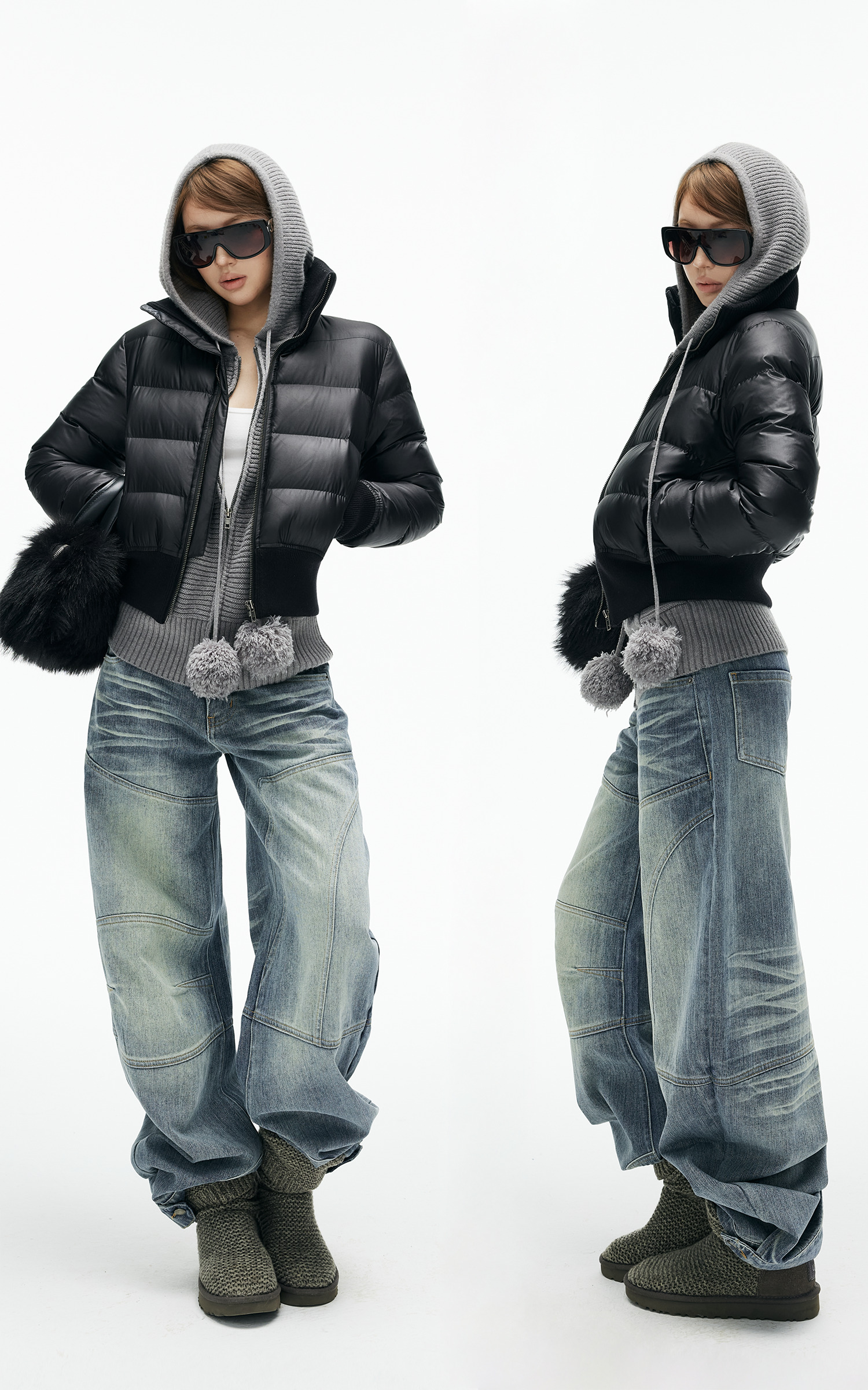 IAMXIAA 곡선 패널 스티치가 돋보이는 구조적인 와이드 데님 팬츠