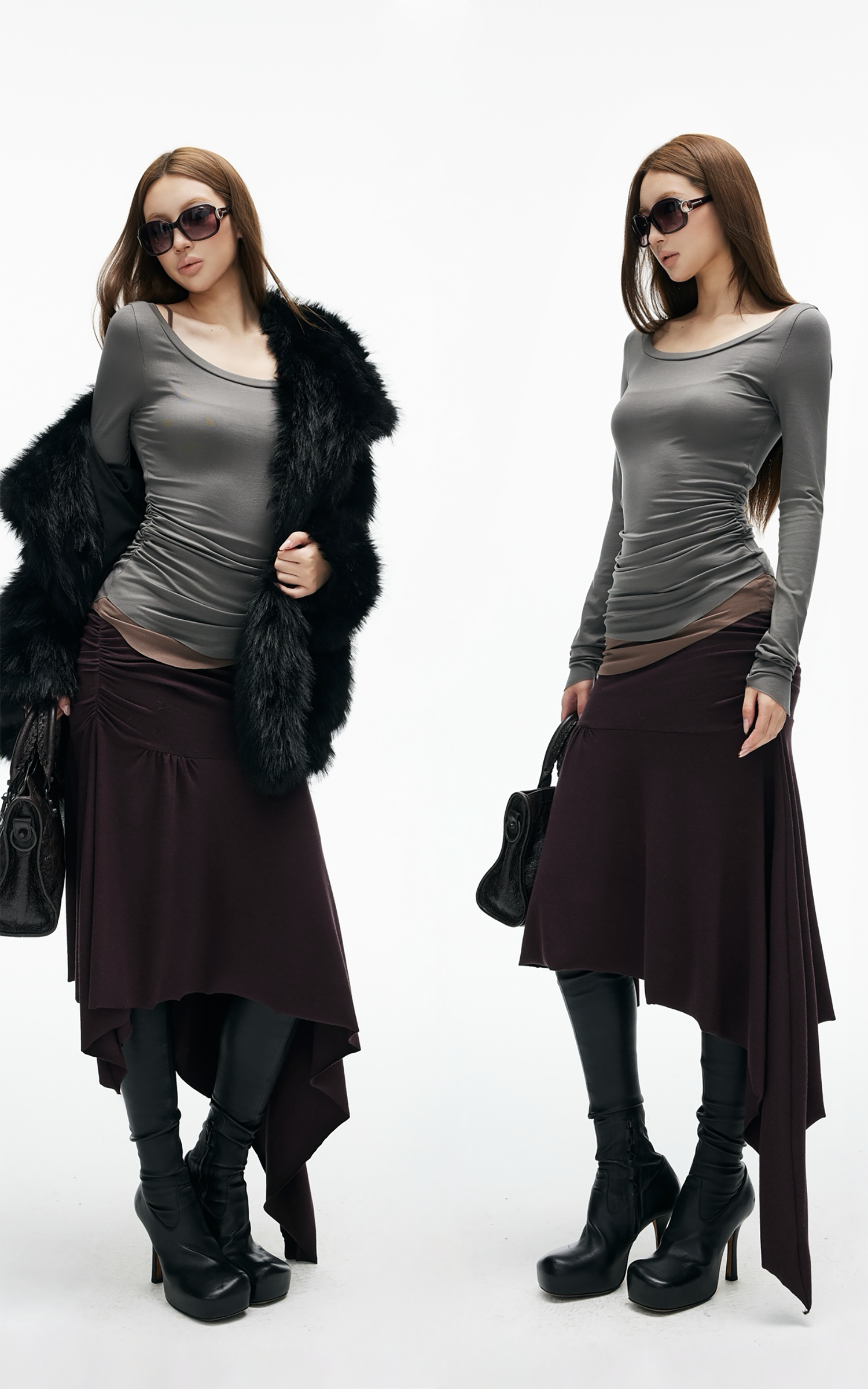 비대칭 셔링 미디 스커트