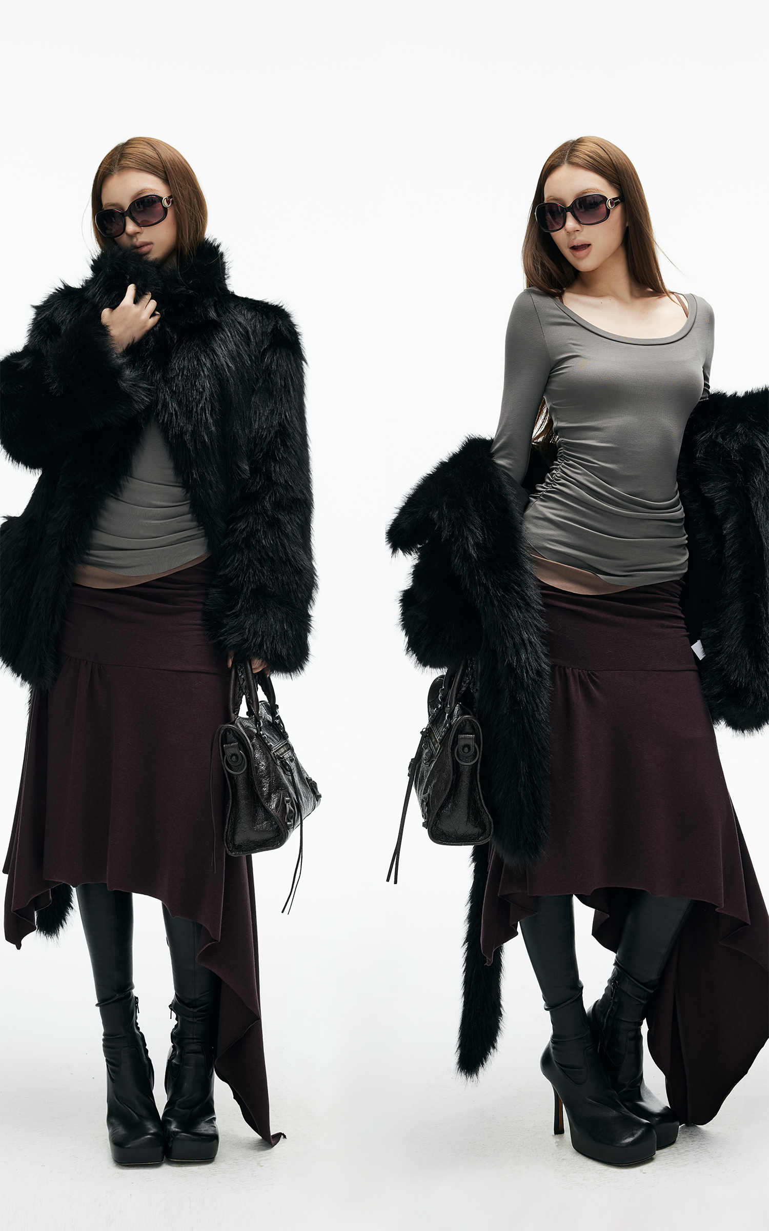 비대칭 셔링 미디 스커트