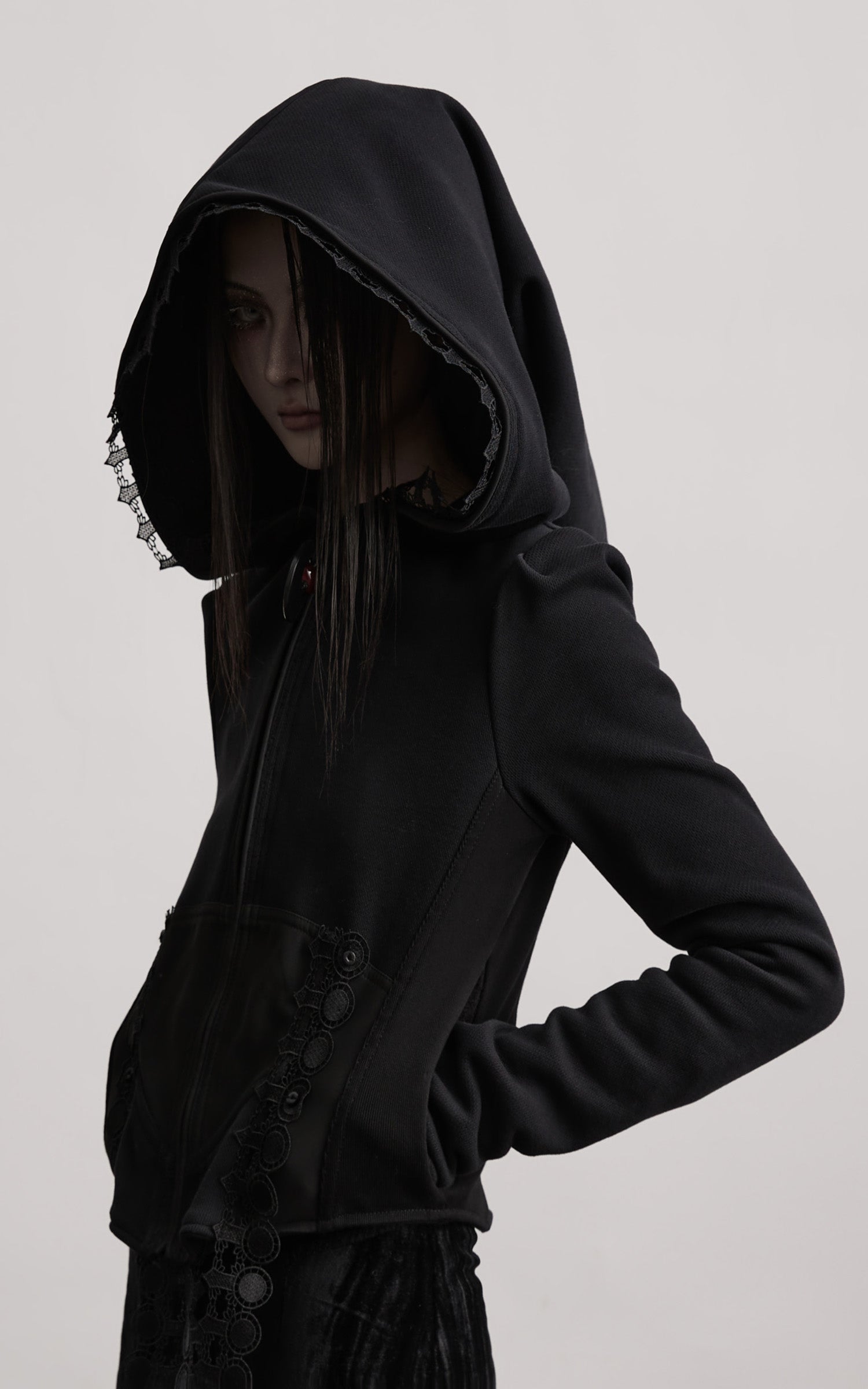 DOINDULGE Long-Hood Gothic Jacket with Lace Trim and Sculpted Corset Detail