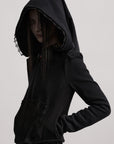 DOINDULGE Long-Hood Gothic Jacket with Lace Trim and Sculpted Corset Detail