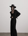 DOINDULGE Long-Hood Gothic Jacket with Lace Trim and Sculpted Corset Detail