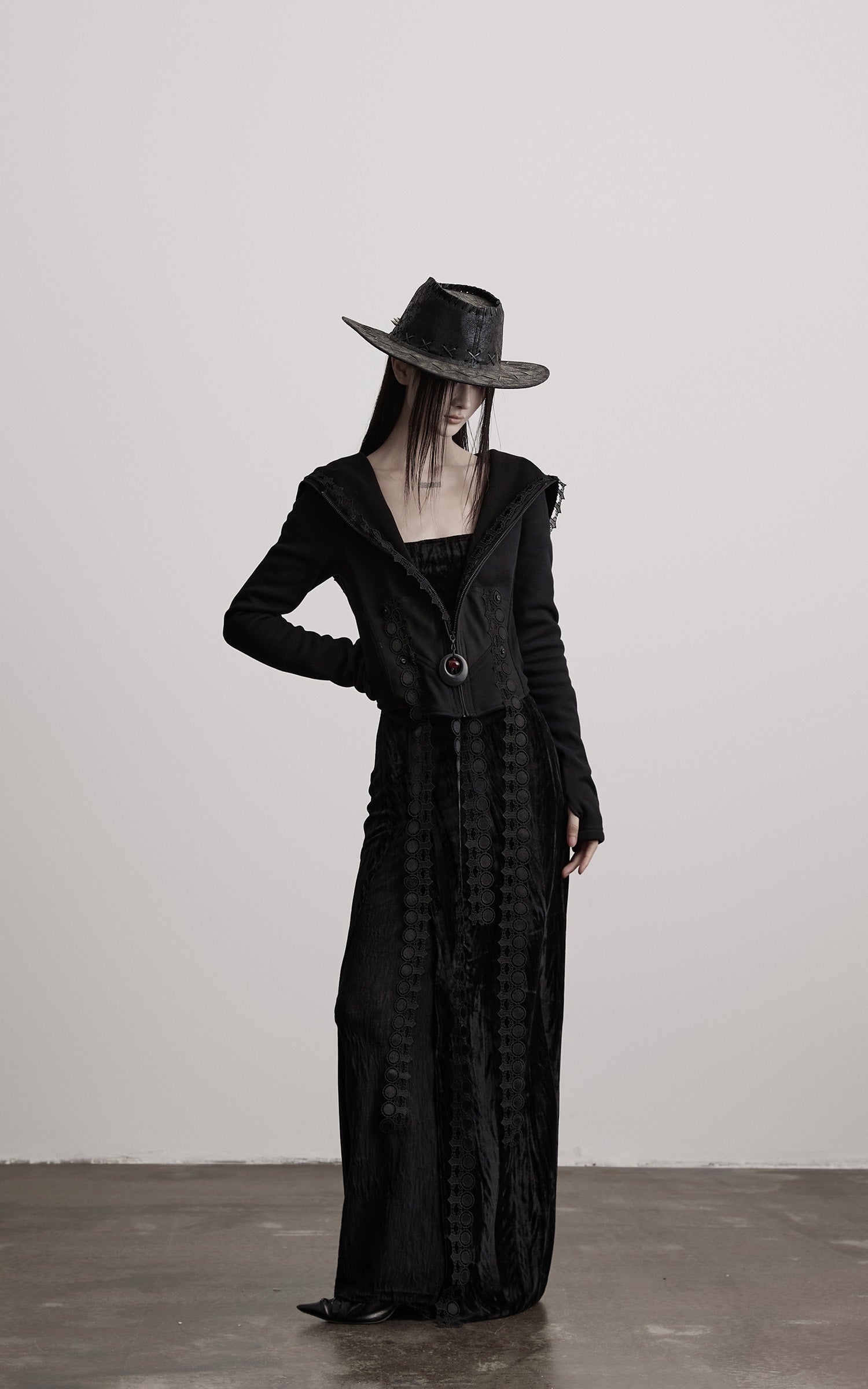 DOINDULGE Long-Hood Gothic Jacket with Lace Trim and Sculpted Corset Detail