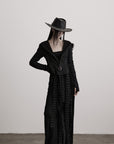 DOINDULGE Long-Hood Gothic Jacket with Lace Trim and Sculpted Corset Detail