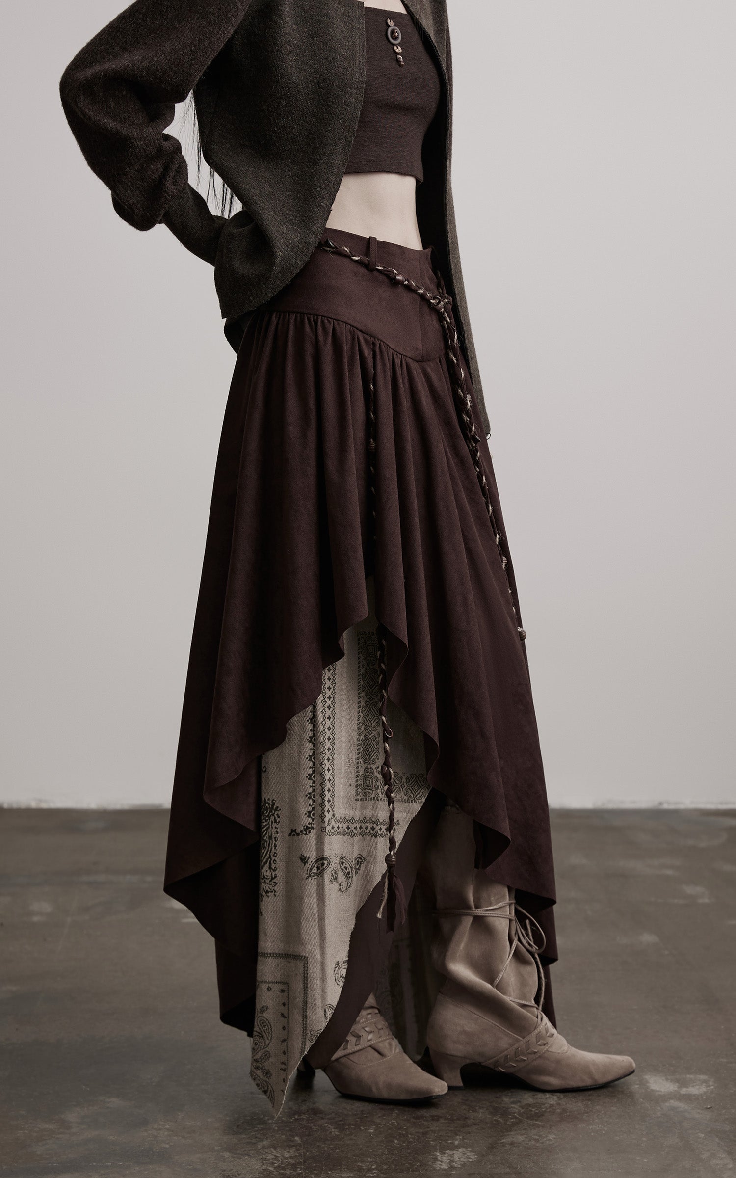 DOINDULGE Layered Asymmetric Skirt with Braided Rope Detail