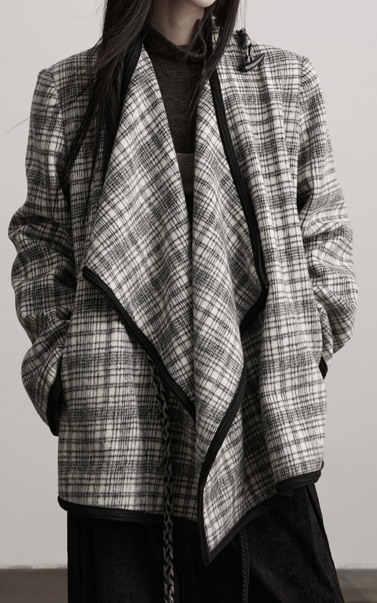 DOINDULGE Structured Fleece-Lined Plaid Jacket with Asymmetric Drape and Braided Closure