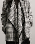 DOINDULGE Structured Fleece-Lined Plaid Jacket with Asymmetric Drape and Braided Closure