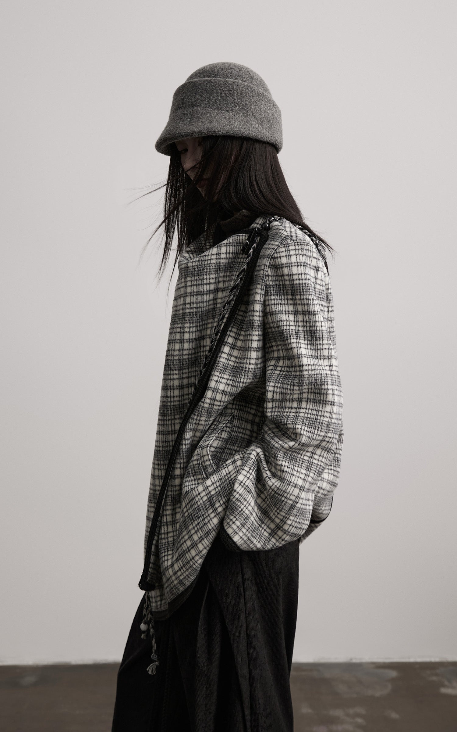 DOINDULGE Structured Fleece-Lined Plaid Jacket with Asymmetric Drape and Braided Closure