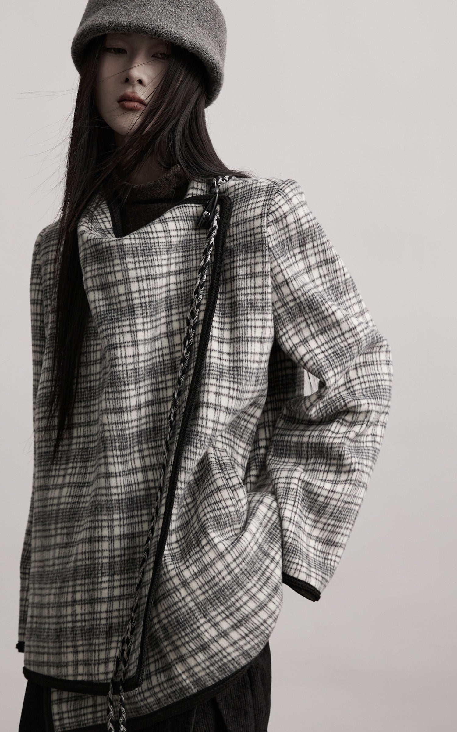 DOINDULGE Structured Fleece-Lined Plaid Jacket with Asymmetric Drape and Braided Closure