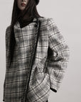 DOINDULGE Structured Fleece-Lined Plaid Jacket with Asymmetric Drape and Braided Closure