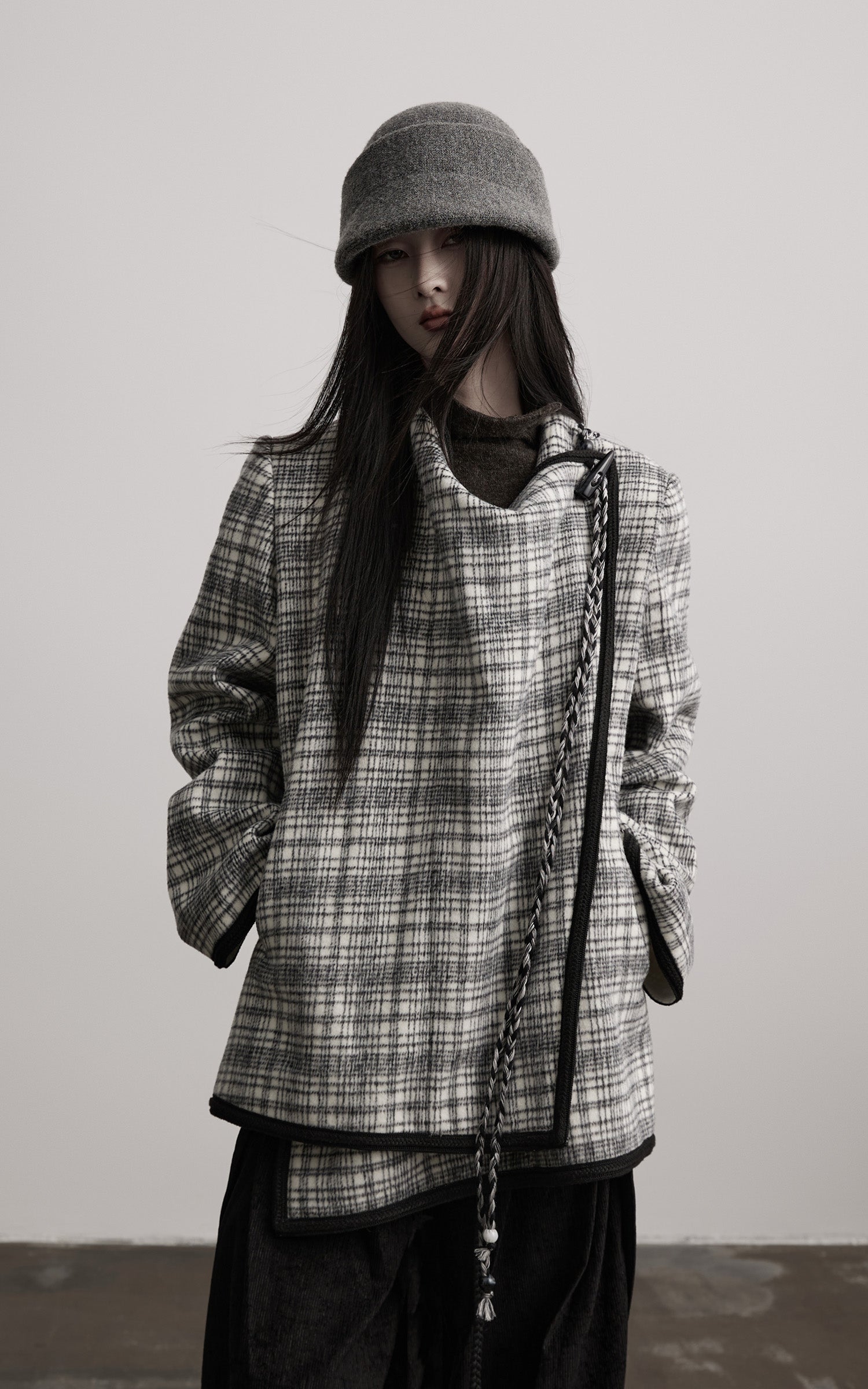DOINDULGE Structured Fleece-Lined Plaid Jacket with Asymmetric Drape and Braided Closure