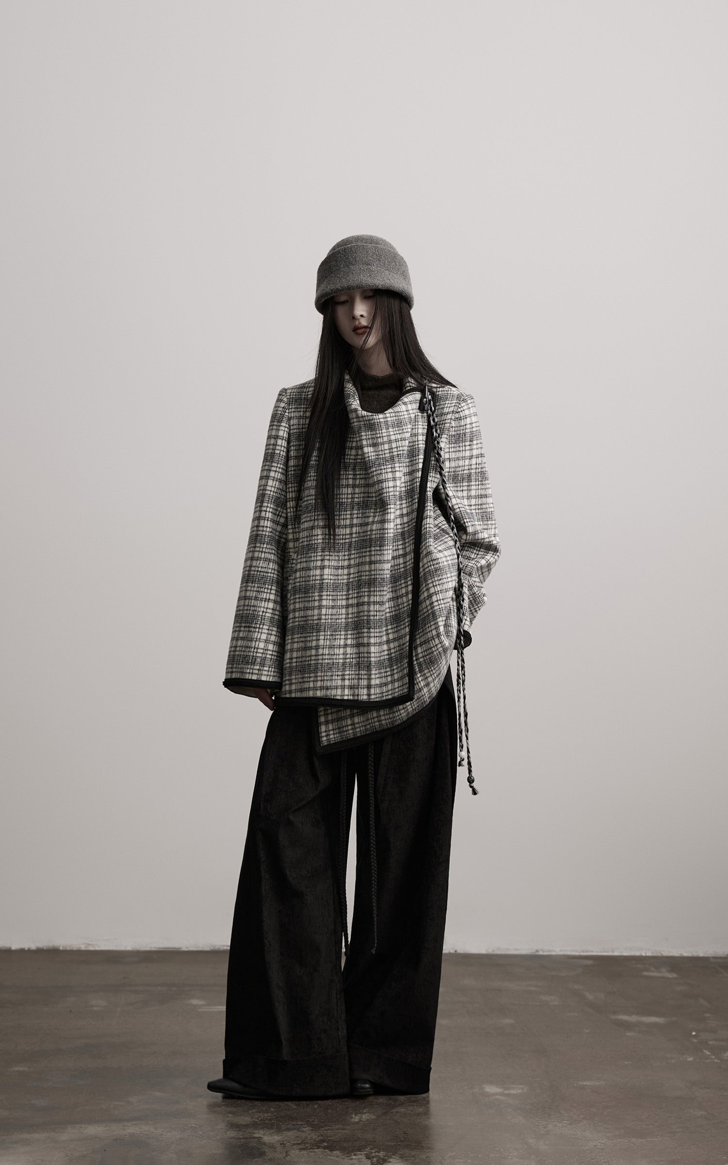 DOINDULGE Structured Fleece-Lined Plaid Jacket with Asymmetric Drape and Braided Closure