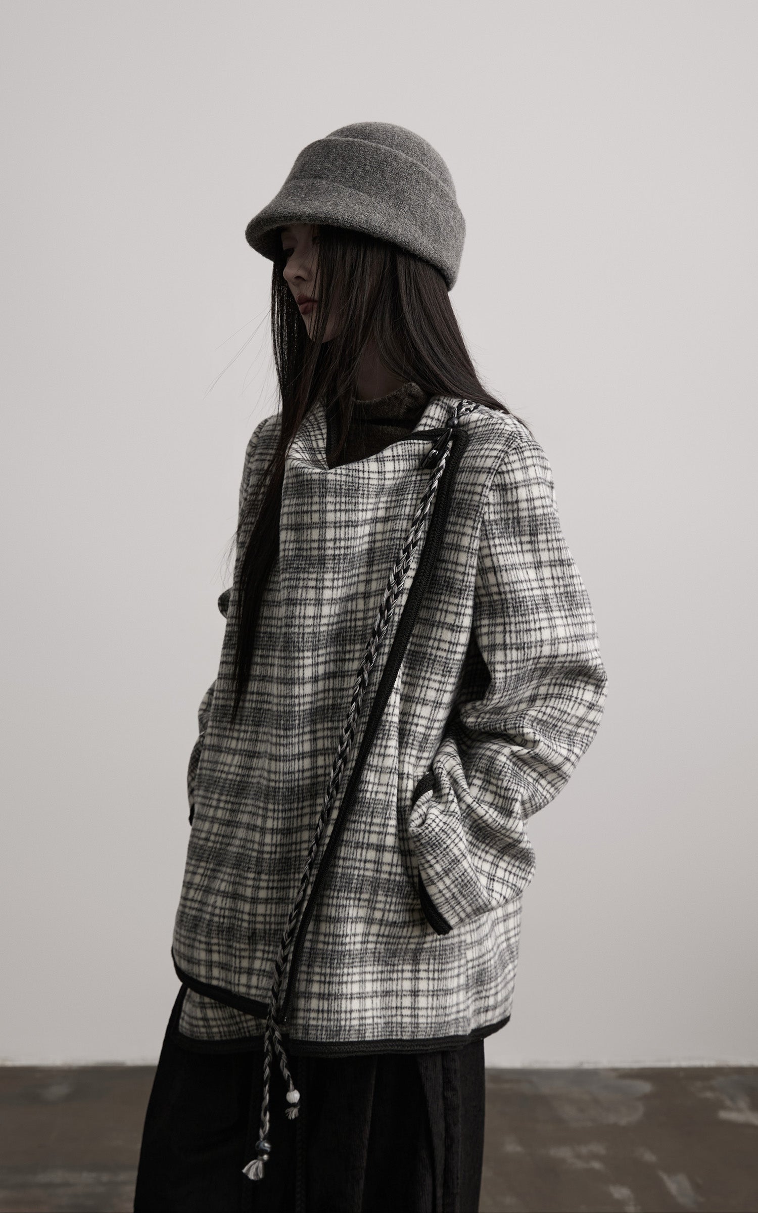 DOINDULGE Structured Fleece-Lined Plaid Jacket with Asymmetric Drape and Braided Closure