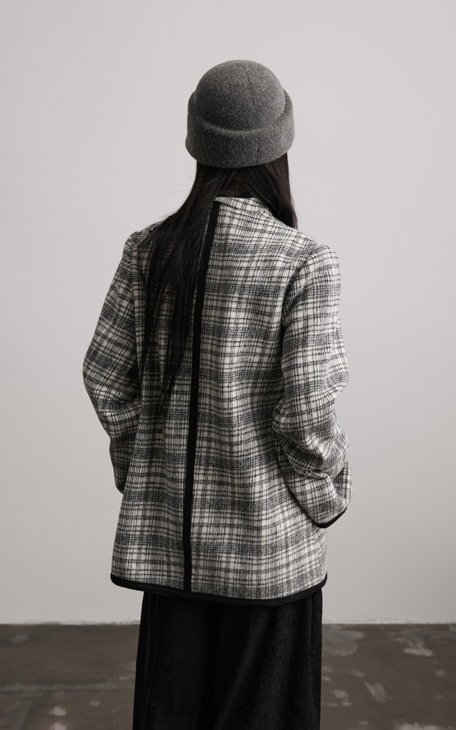 DOINDULGE Structured Fleece-Lined Plaid Jacket with Asymmetric Drape and Braided Closure