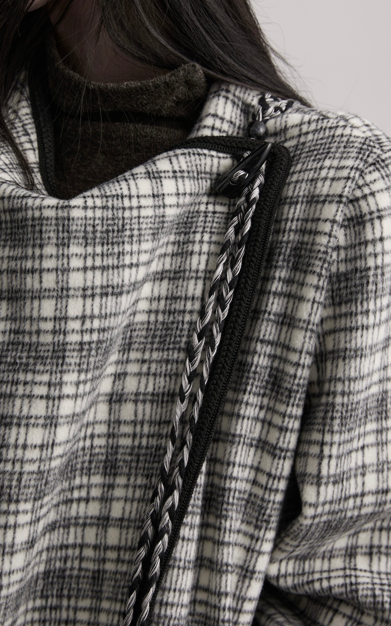 DOINDULGE Structured Fleece-Lined Plaid Jacket with Asymmetric Drape and Braided Closure
