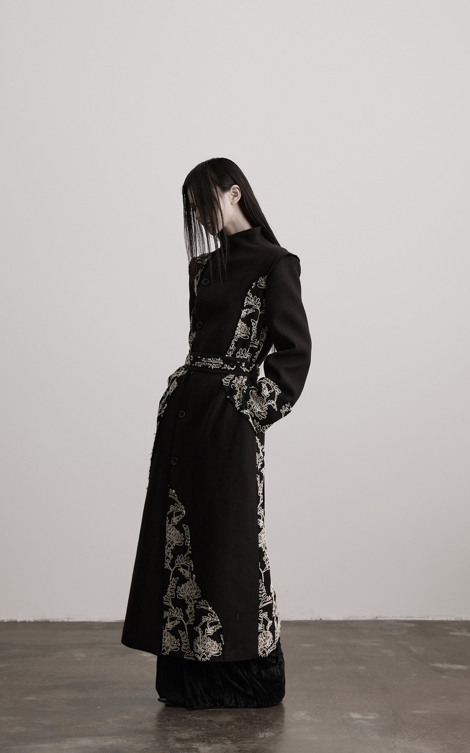 DOINDULGE Embroidered Asymmetric Long Coat