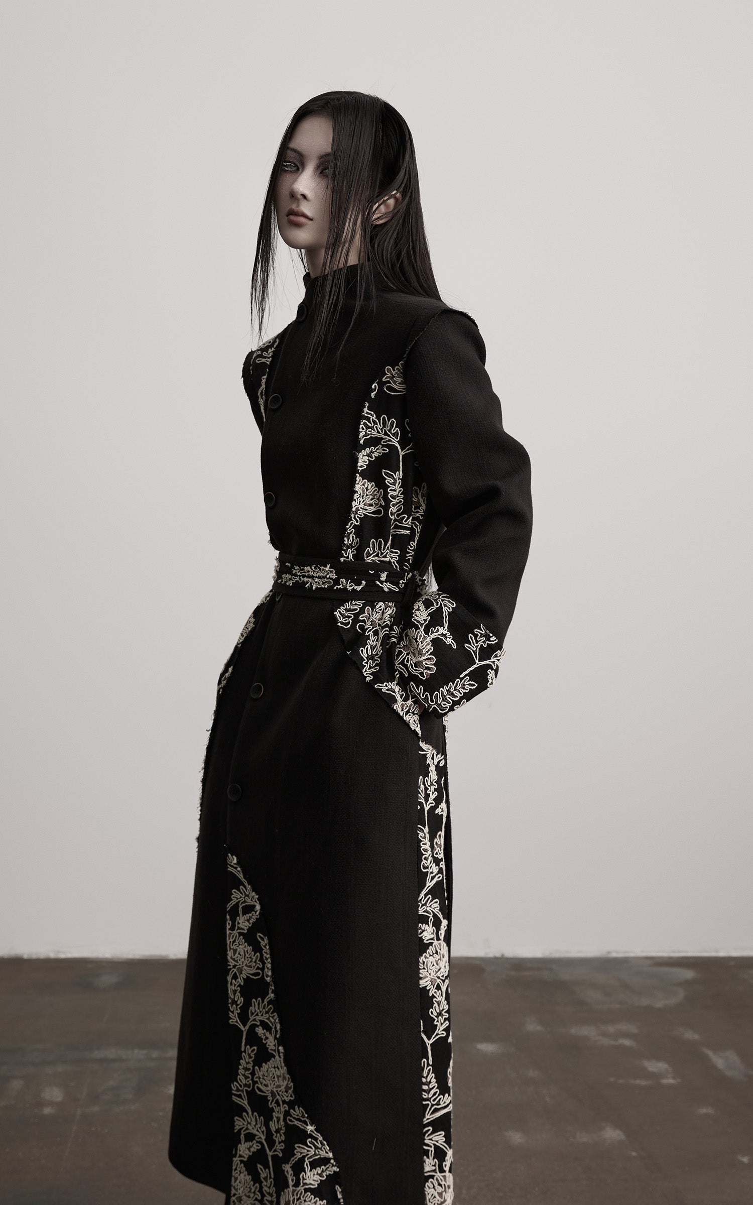 DOINDULGE Embroidered Asymmetric Long Coat